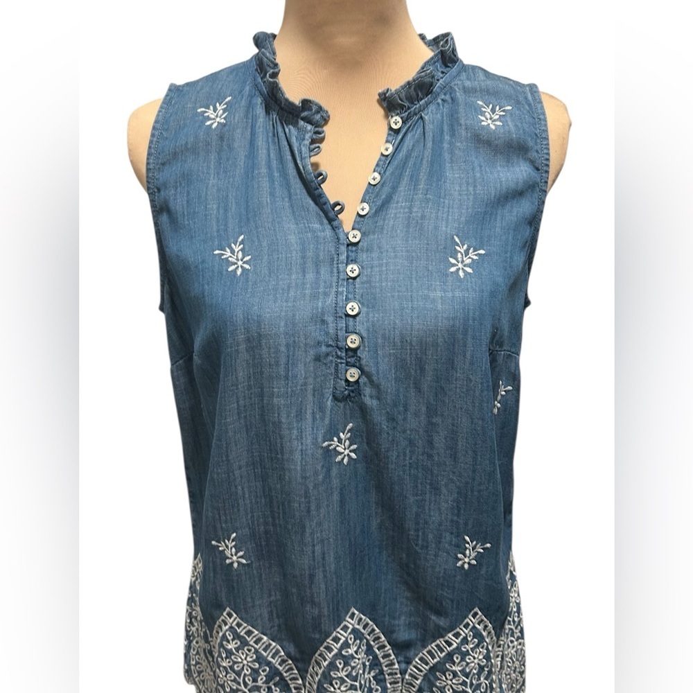 TALBOTS Ruffle Trim Embroidered Denim Shell Blue Tencel Lyocell Womens Sz Small. - Picture 3 of 10